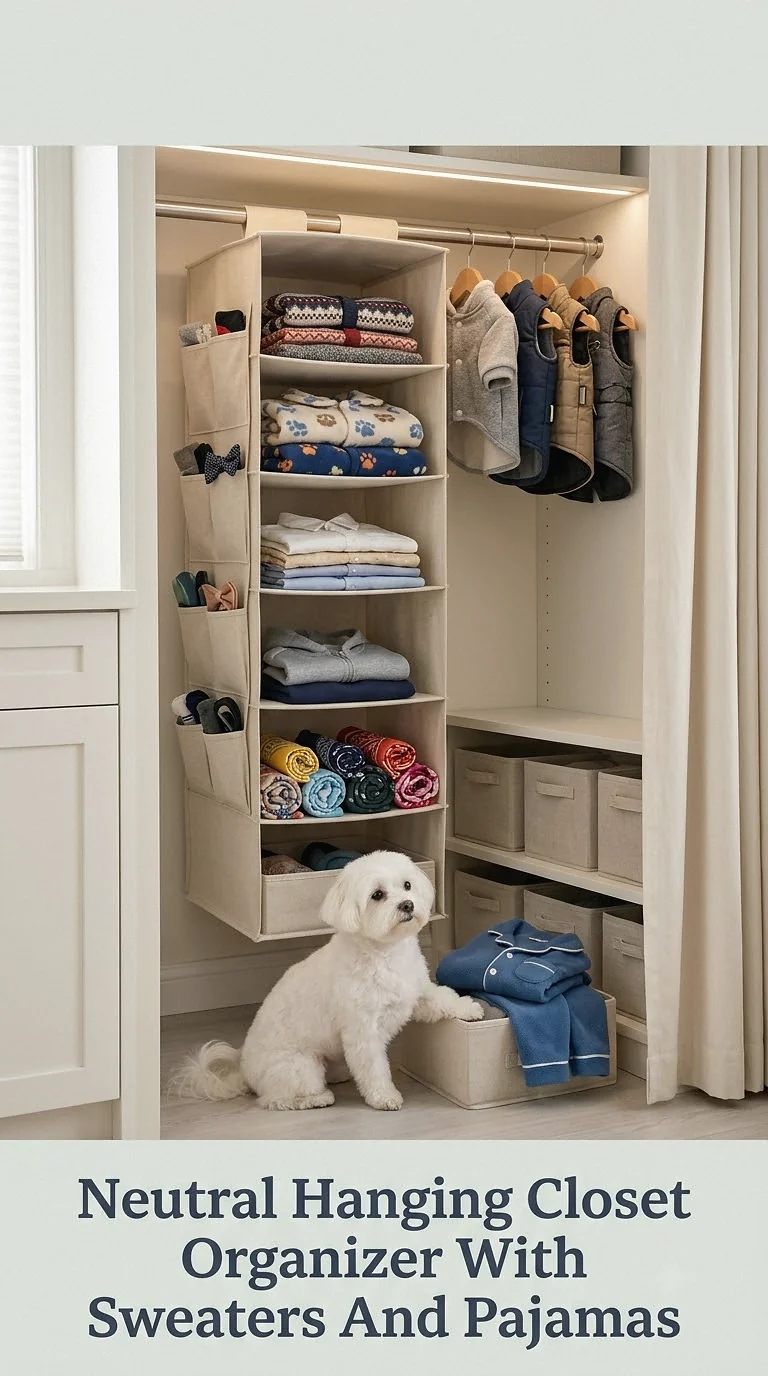Neutral Hanging Closet Organizer With Sweaters And Pajamas