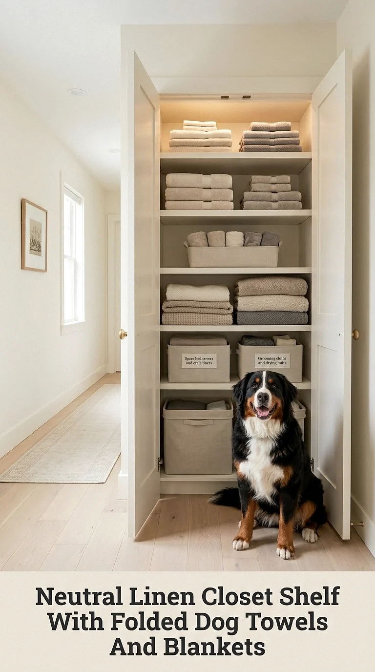Neutral Linen Closet Shelf With Folded Dog Towels And Blankets
