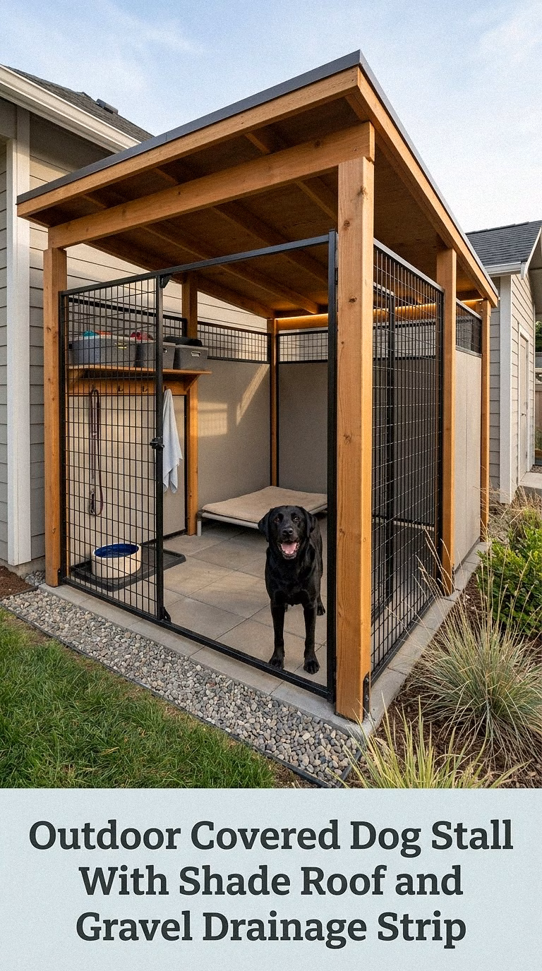 Outdoor Covered Dog Stall With Shade Roof and Gravel Drainage Strip