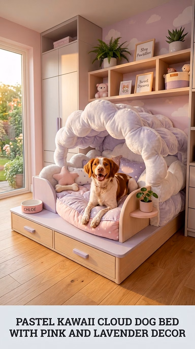Pastel Kawaii Cloud Dog Bed With Pink and Lavender Decor