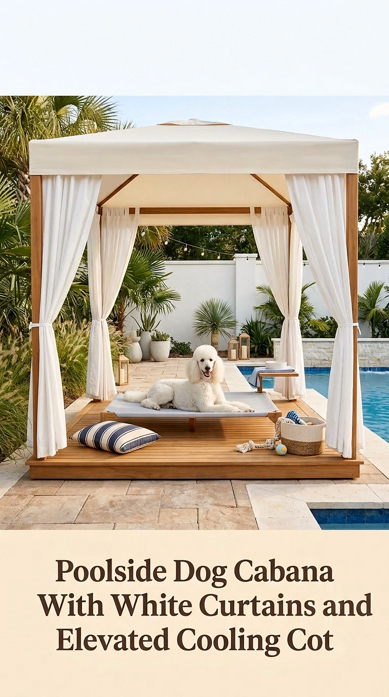10. Poolside Dog Cabana With White Curtains and an Elevated Cooling Cot