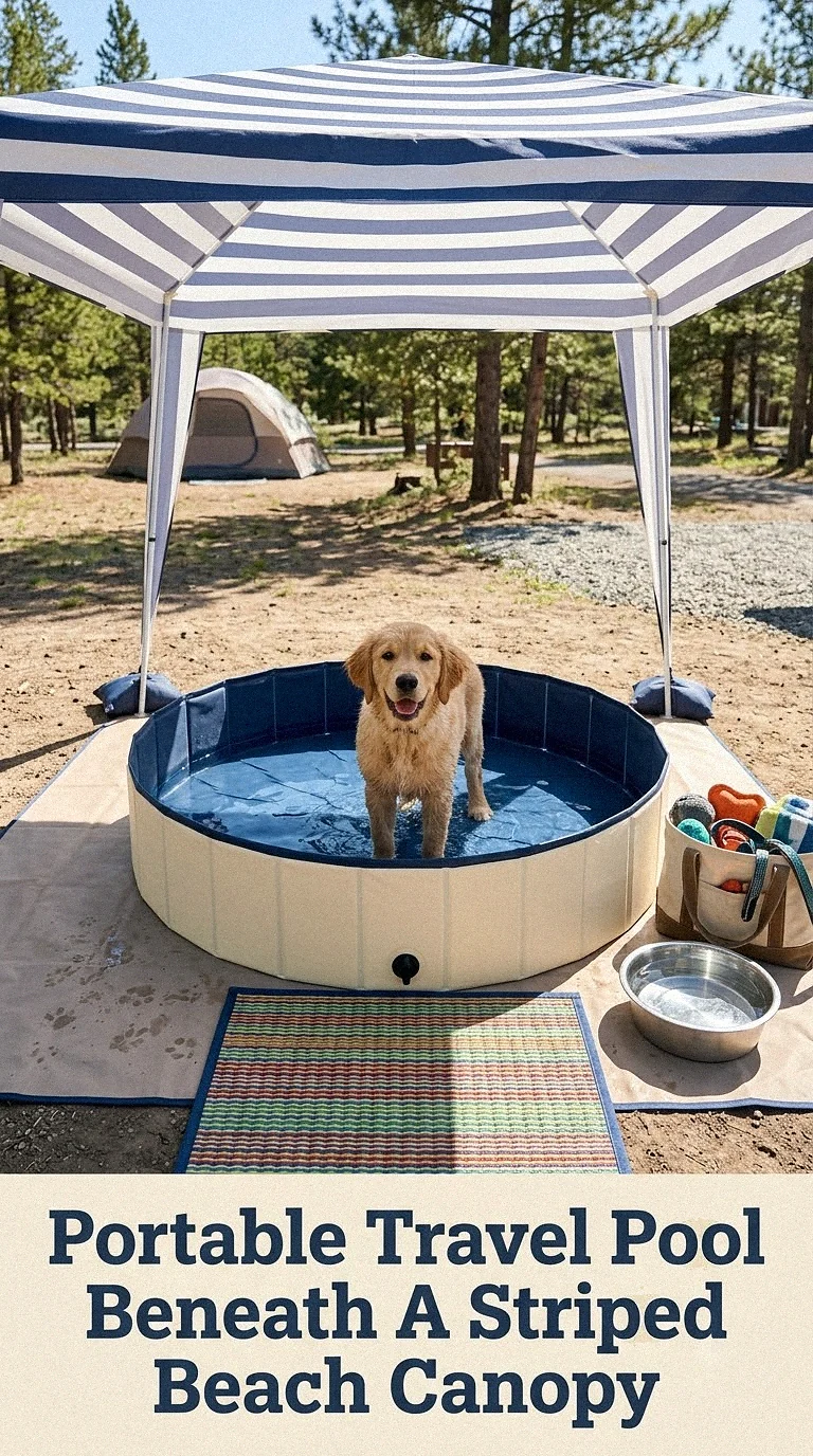 Portable Travel Pool Beneath A Striped Beach Canopy