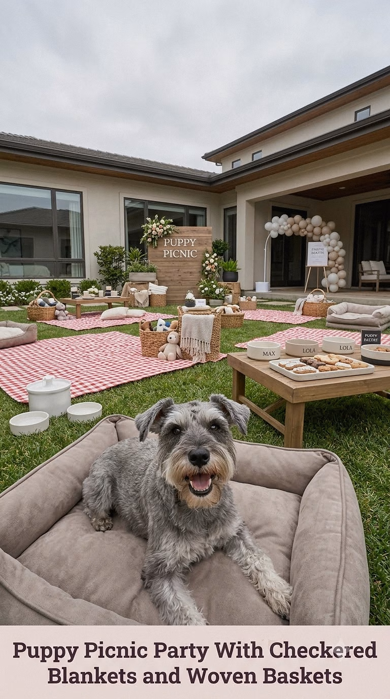 Puppy Picnic Party With Checkered Blankets and Woven Baskets