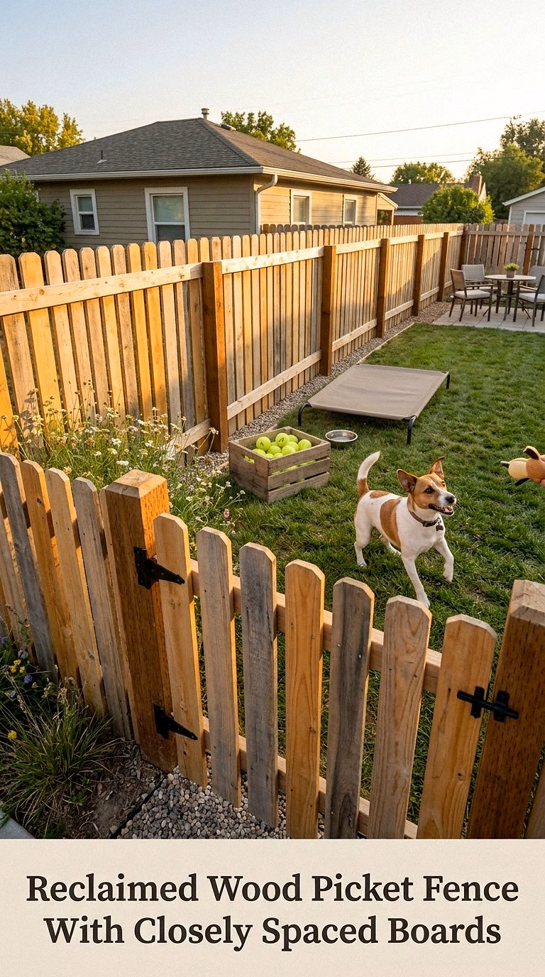Reclaimed Wood Picket Fence With Closely Spaced Boards