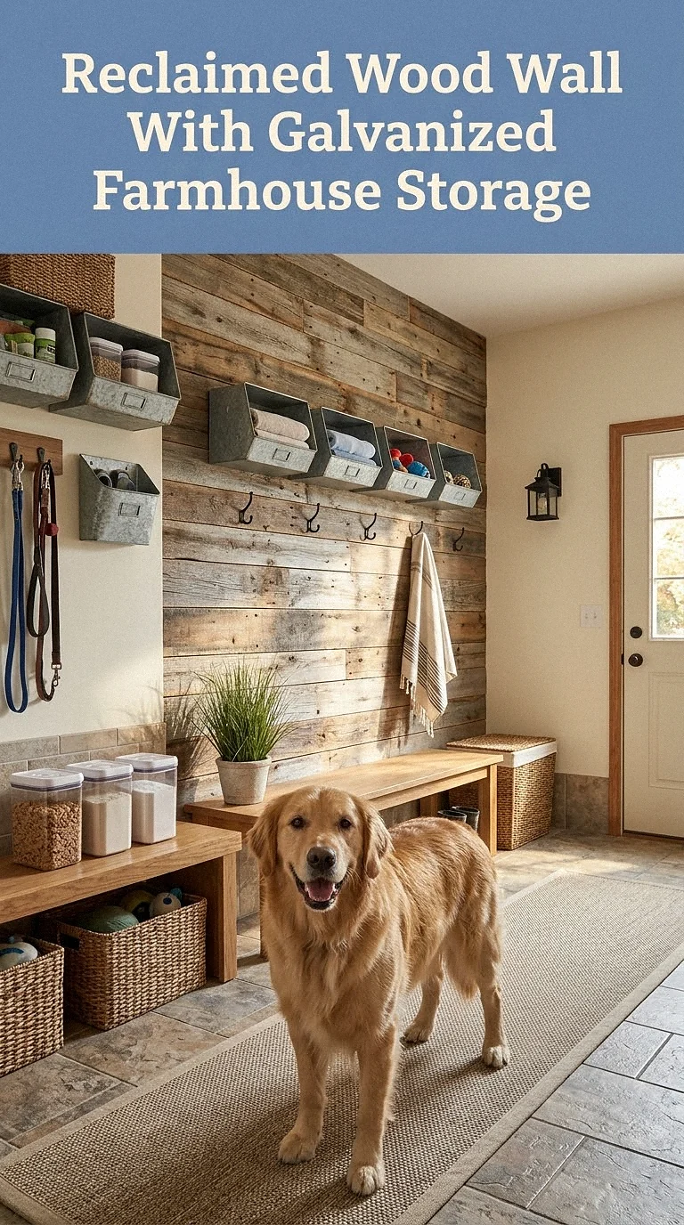Reclaimed Wood Wall With Galvanized Farmhouse Storage