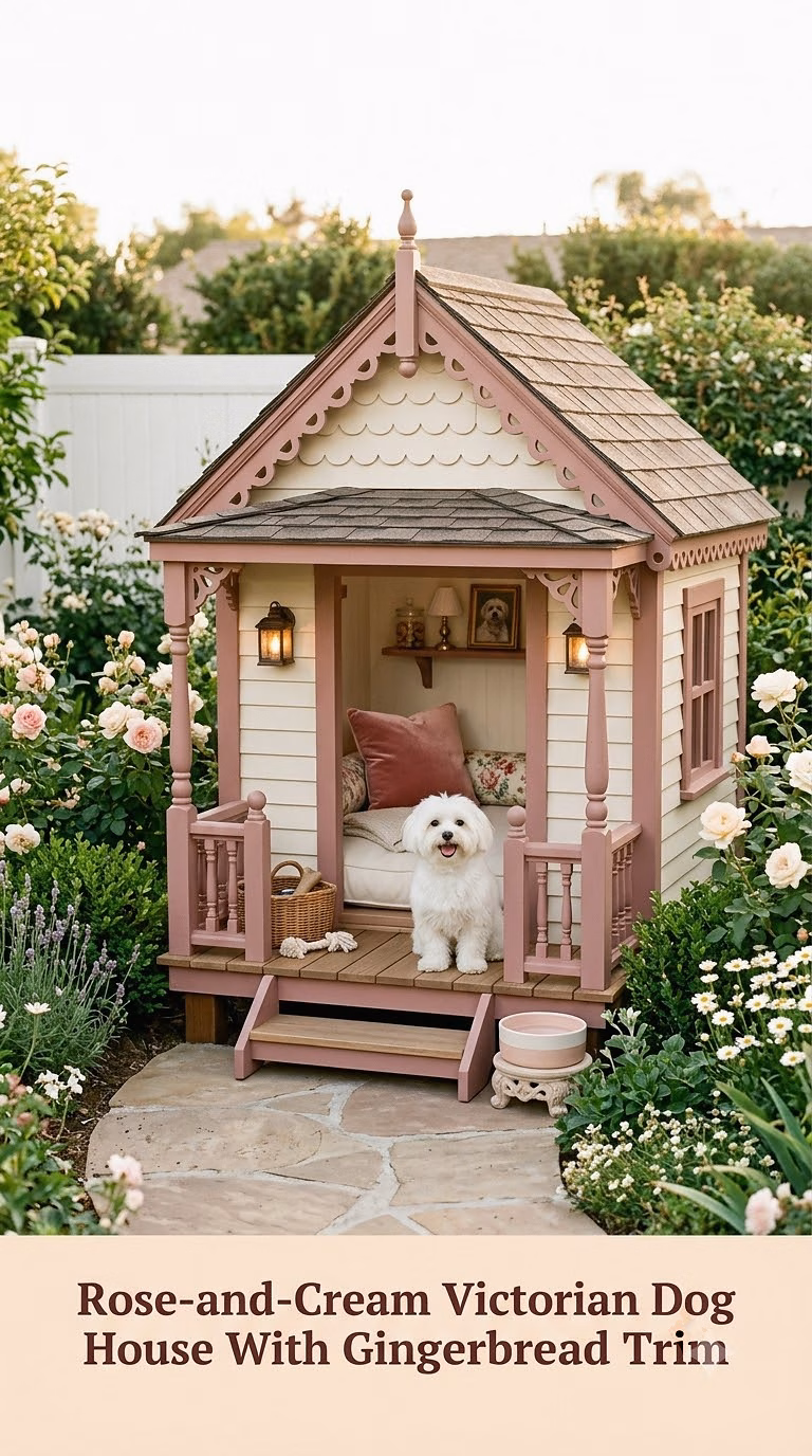 10. Rose-and-Cream Victorian Dog House With Gingerbread Trim
