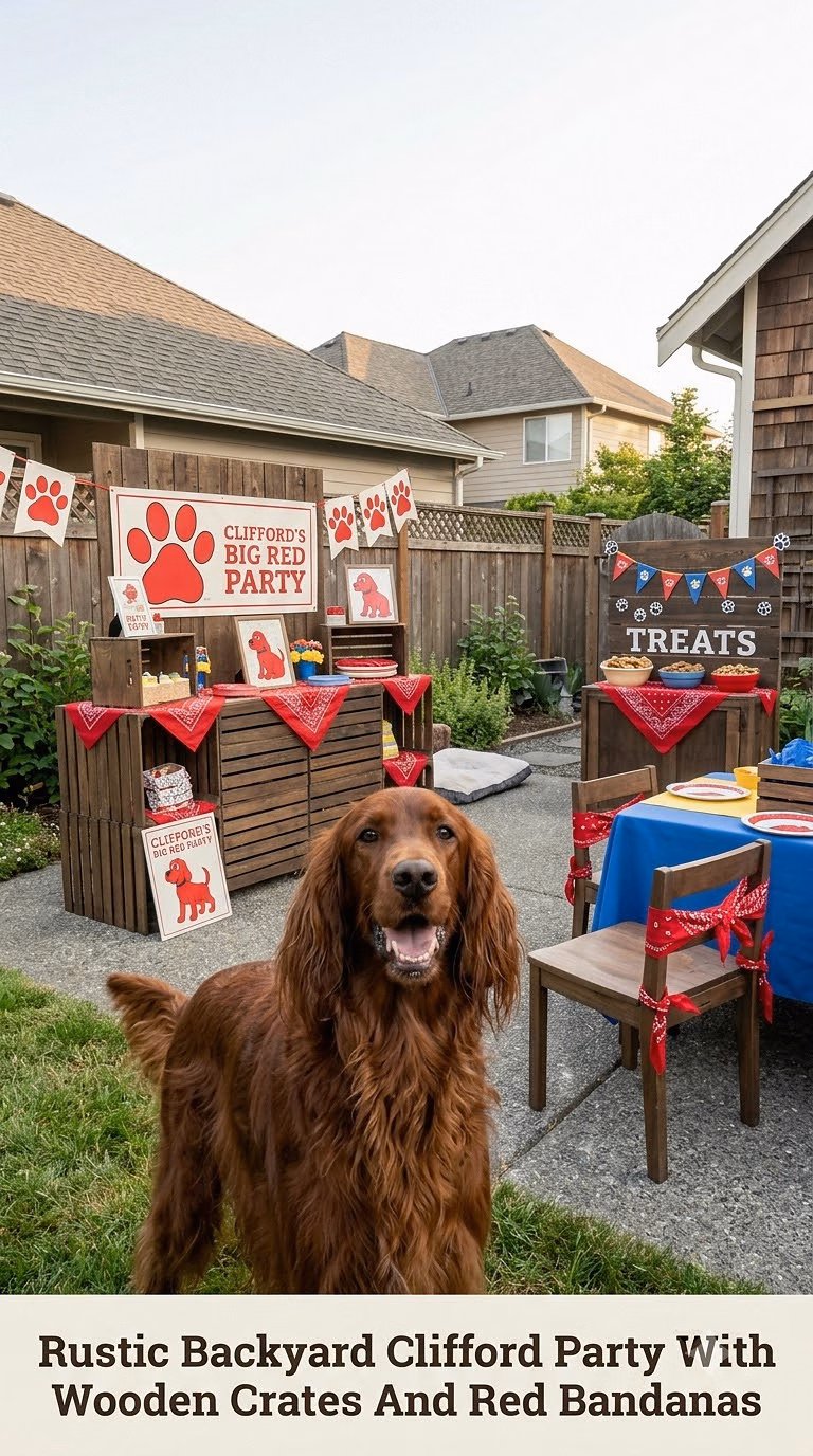 Rustic Backyard Clifford Party With Wooden Crates And Red Bandanas