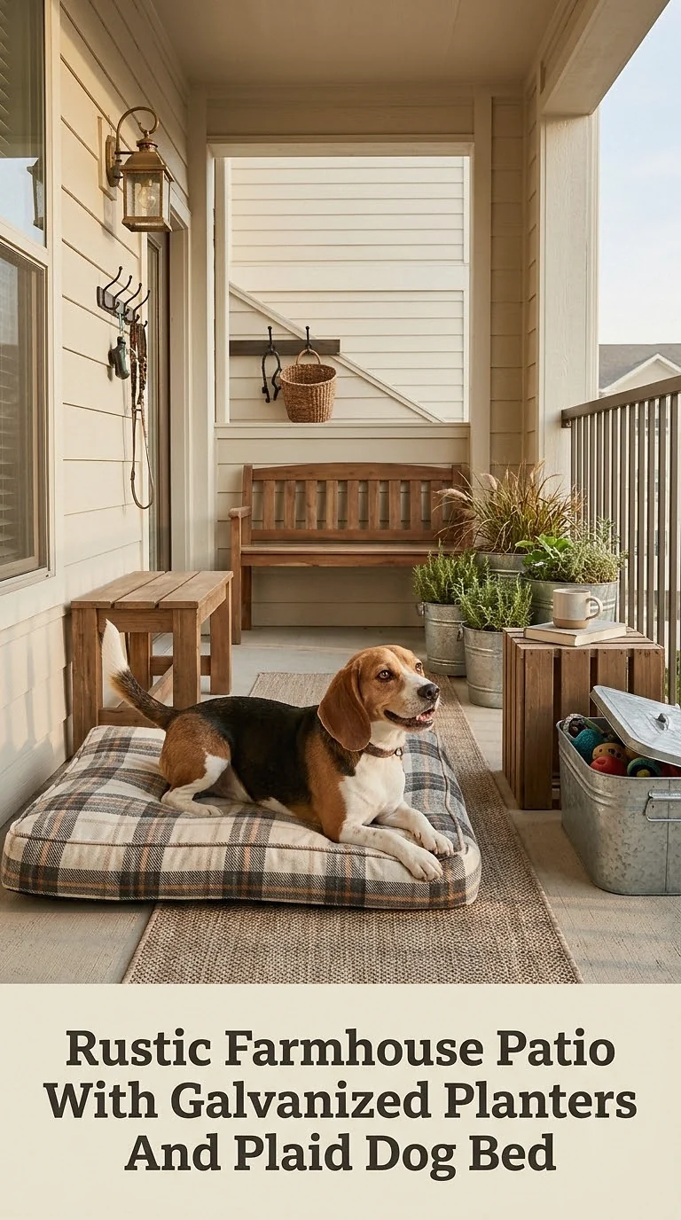 Rustic Farmhouse Patio With Galvanized Planters And Plaid Dog Bed