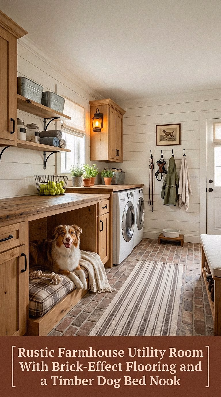 10. Rustic Farmhouse Utility Room With Brick-Effect Flooring and a Timber Dog Bed Nook