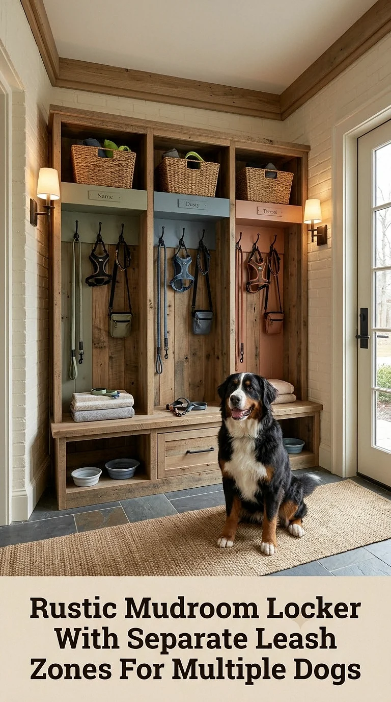 Rustic Mudroom Locker With Separate Leash Zones For Multiple Dogs