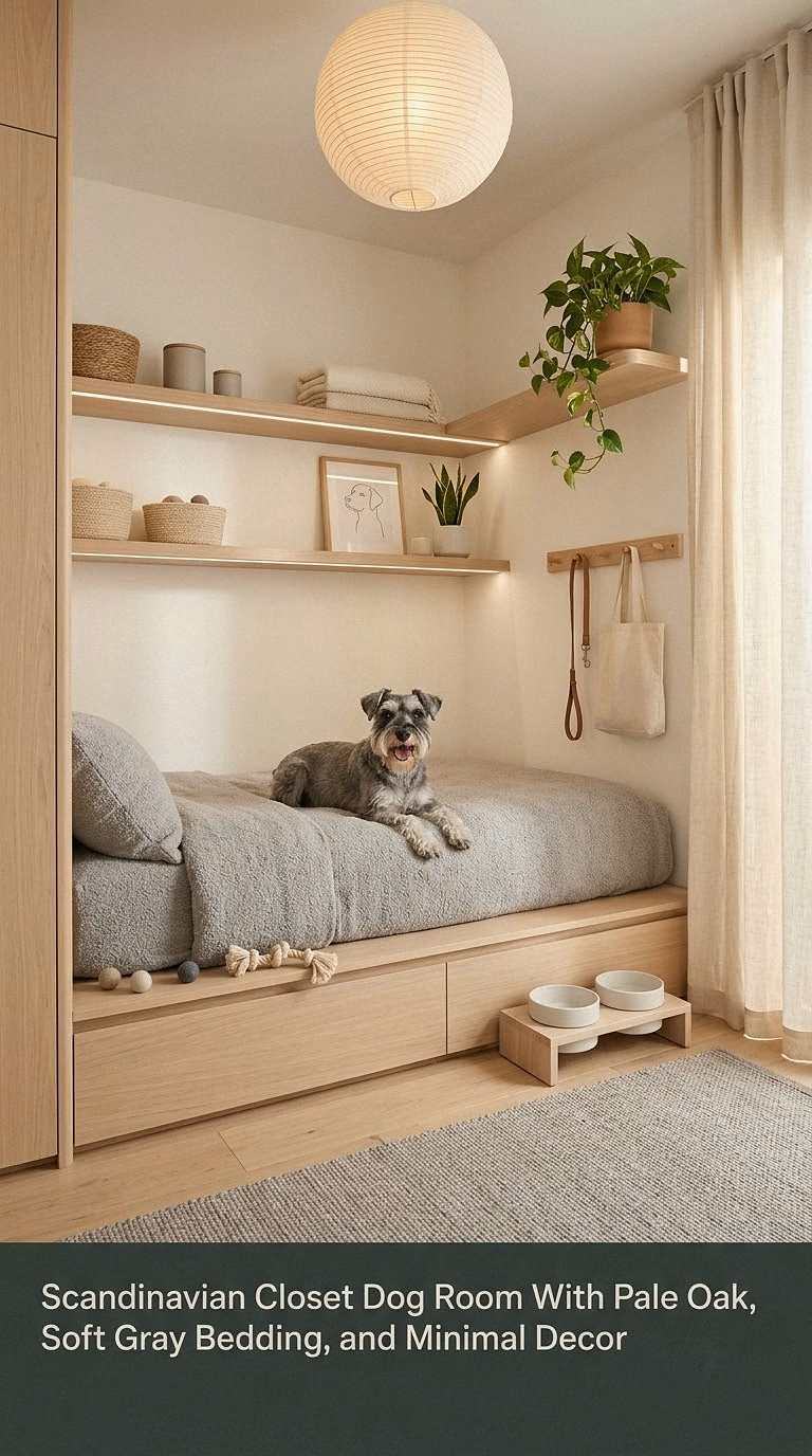 10. Scandinavian Closet Dog Room With Pale Oak, Soft Gray Bedding, and Minimal Decor
