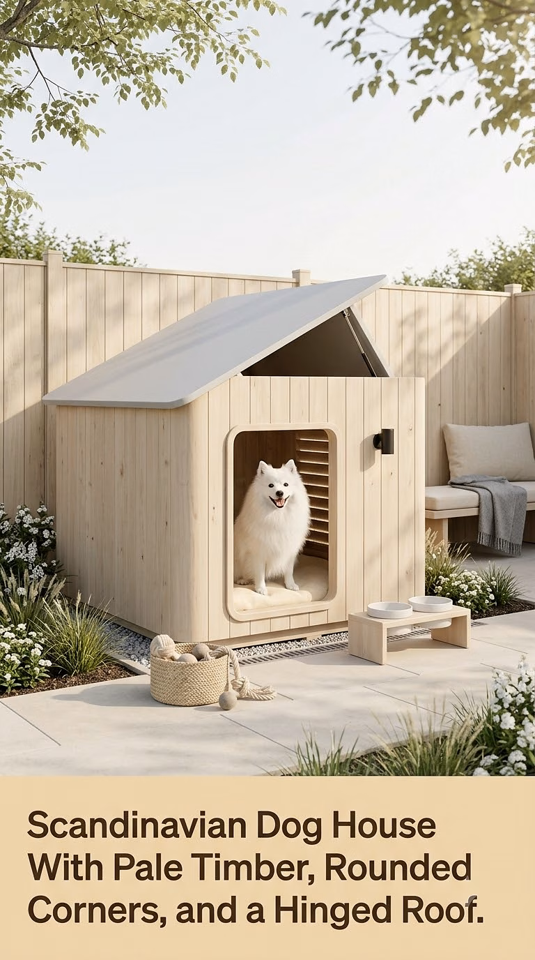 Scandinavian Dog House With Pale Timber, Rounded Corners, and a Hinged Roof
