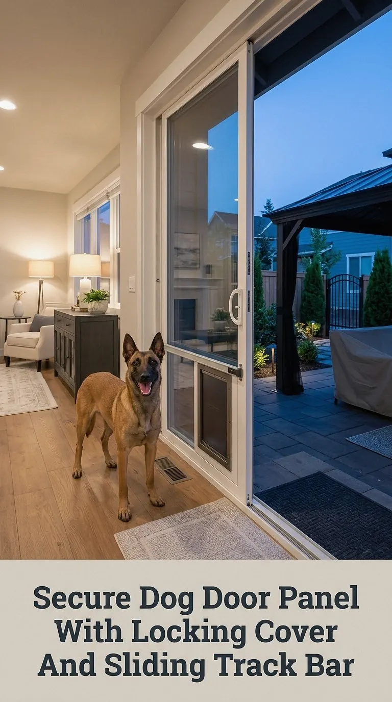 Secure Dog Door Panel With Locking Cover And Sliding Track Bar