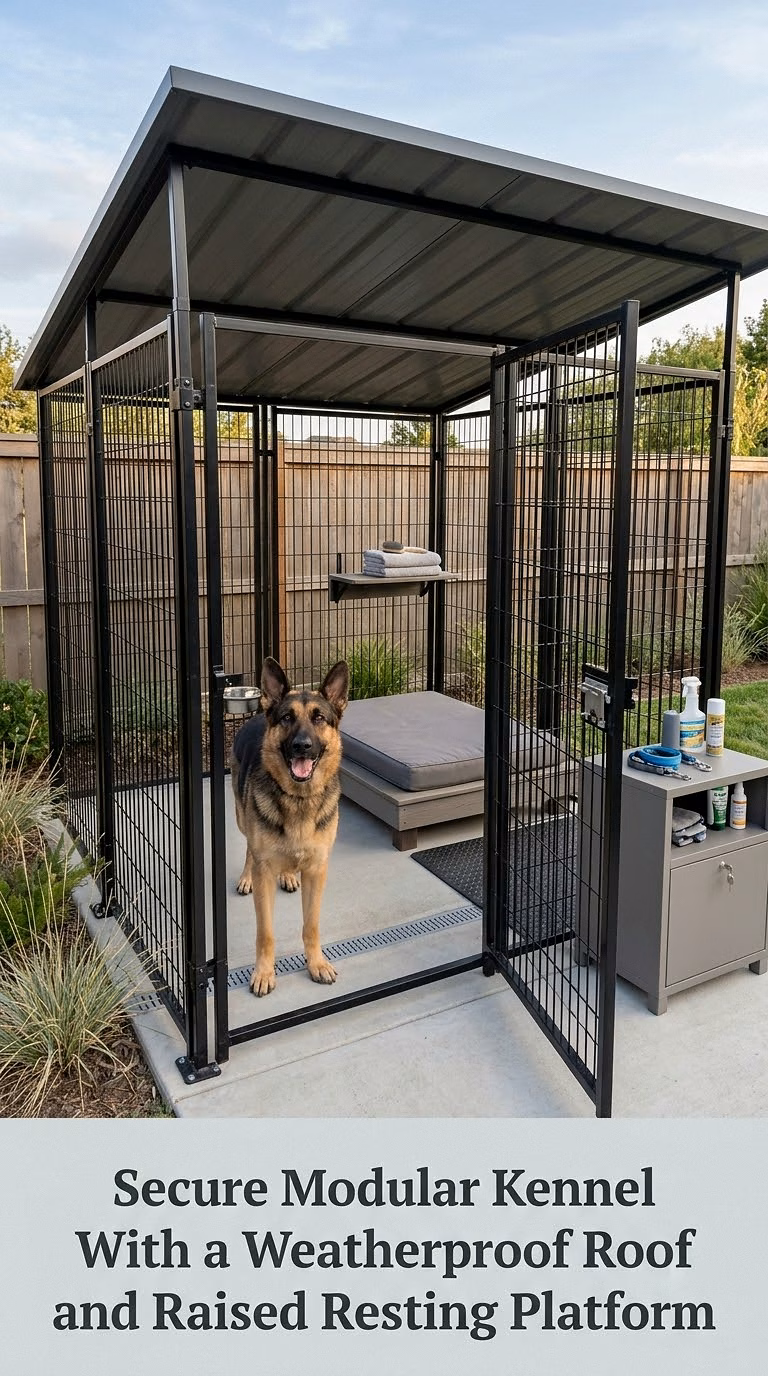 Secure Modular Kennel With a Weatherproof Roof and Raised Resting Platform