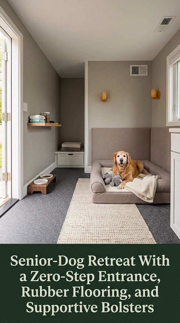 10. Senior-Dog Retreat With a Zero-Step Entrance, Rubber Flooring, and Supportive Bolsters