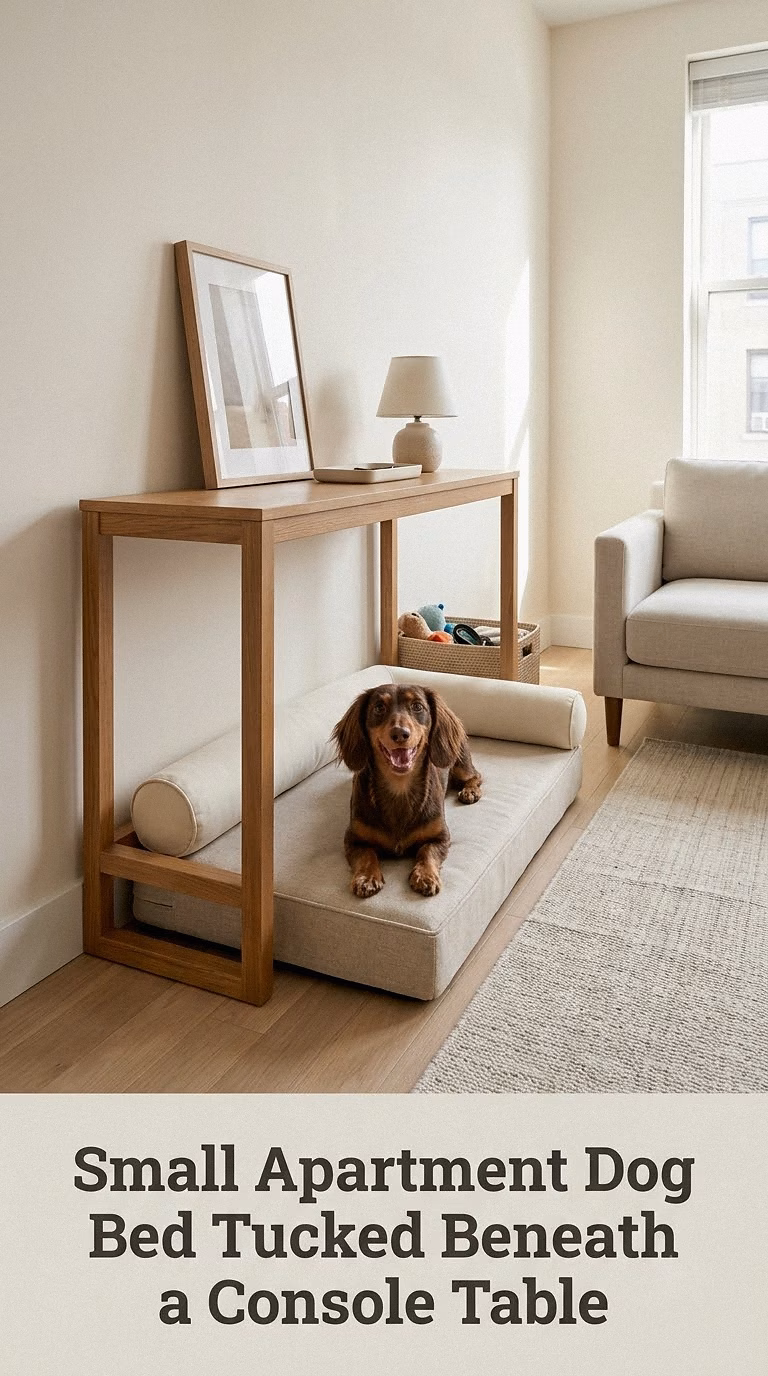 Small Apartment Dog Bed Tucked Beneath a Console Table