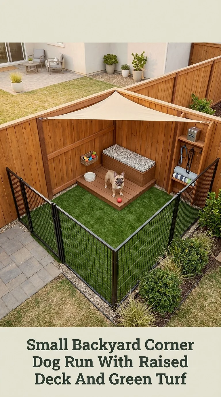 Small Backyard Corner Dog Run With Raised Deck And Green Turf