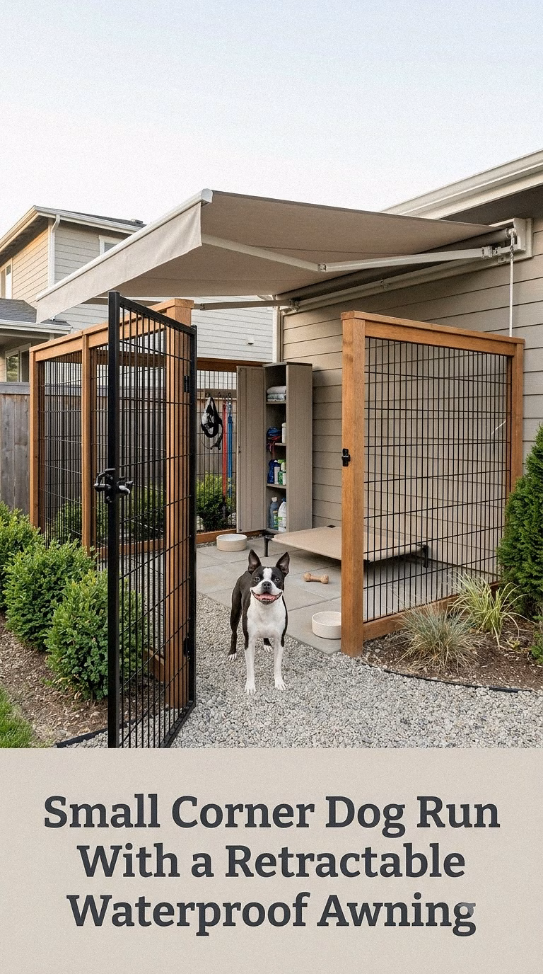 Small Corner Dog Run With a Retractable Waterproof Awning