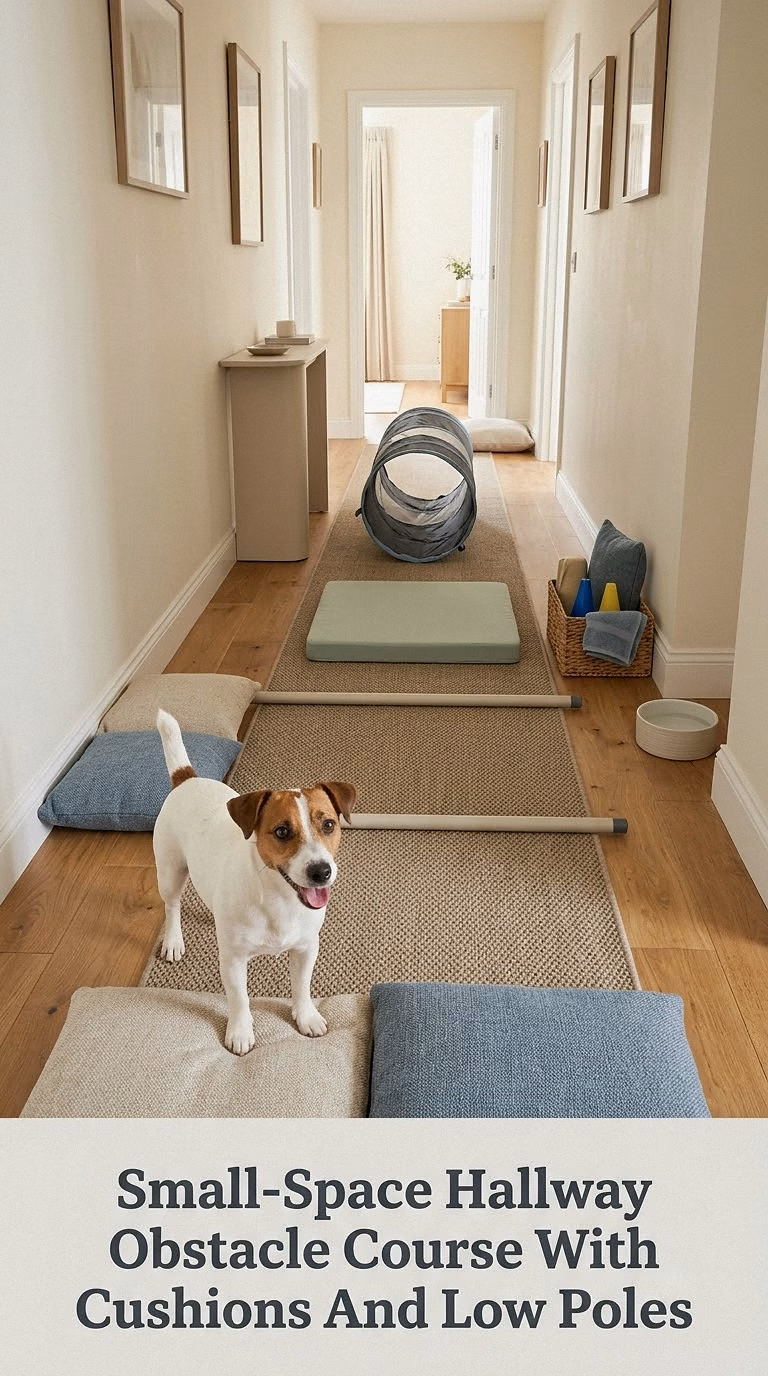 Small-Space Hallway Obstacle Course With Cushions And Low Poles