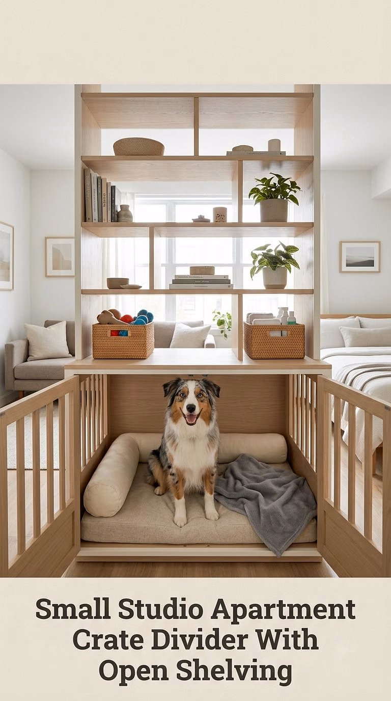 Small Studio Apartment Crate Divider With Open Shelving