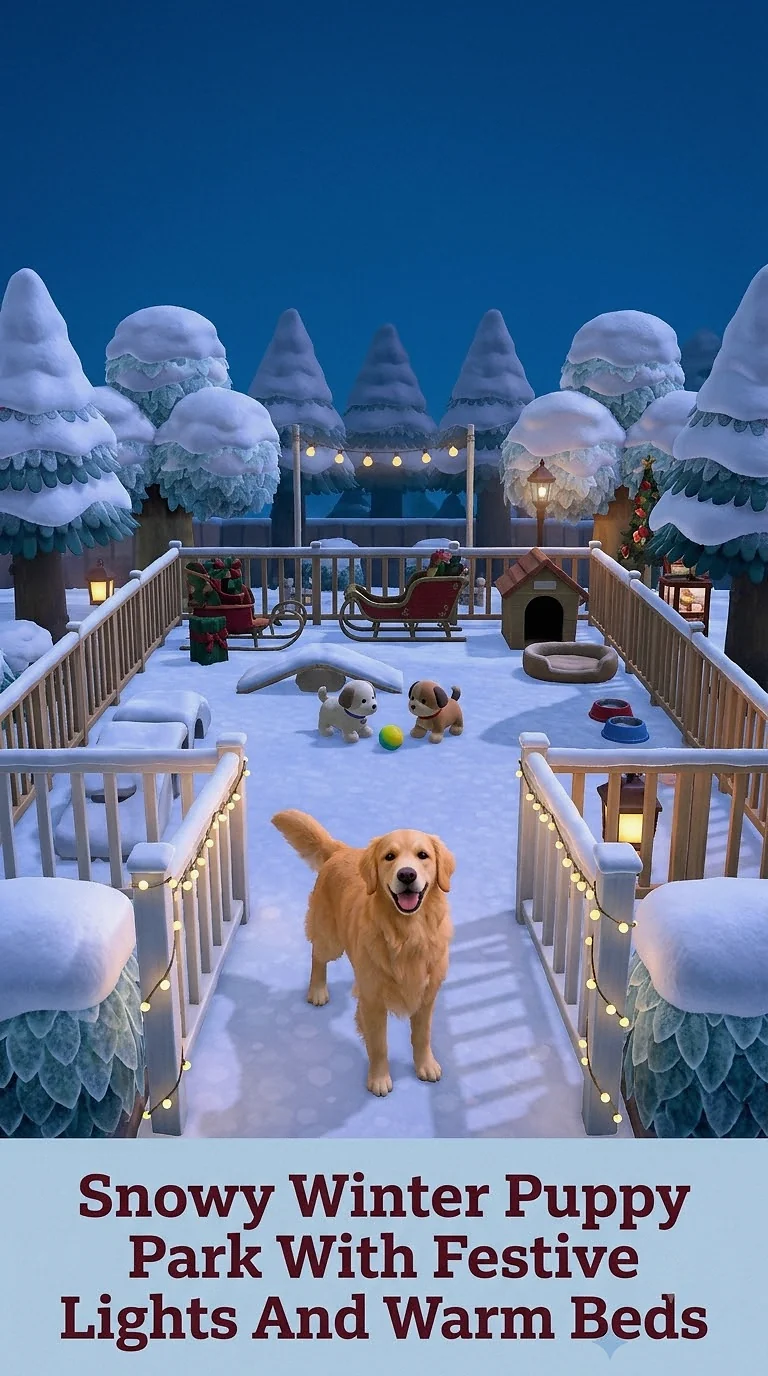 Snowy Winter Puppy Park With Festive Lights And Warm Beds