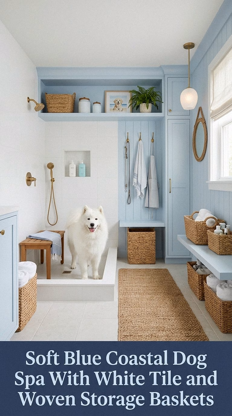 10. Soft Blue Coastal Dog Spa With White Tile and Woven Storage Baskets