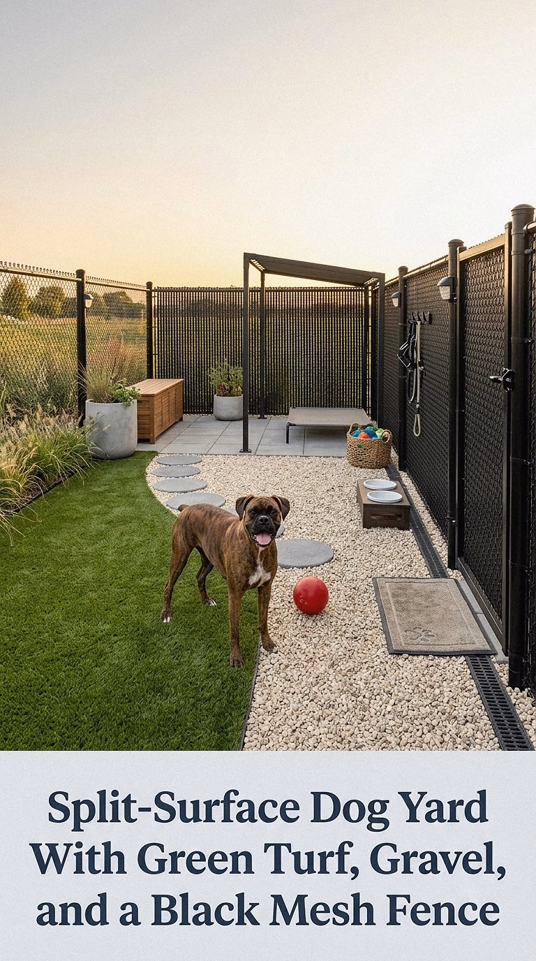 10. Split-Surface Dog Yard With Green Turf, Gravel, and a Black Mesh Fence