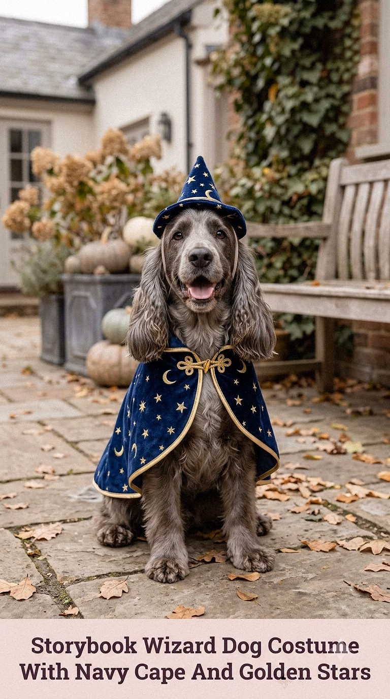 Storybook Wizard Dog Costume With Navy Cape And Golden Stars