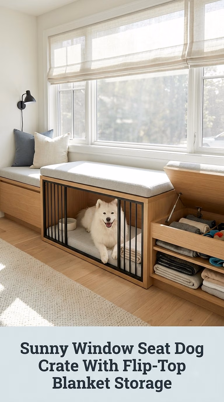 Sunny Window Seat Dog Crate With Flip-Top Blanket Storage