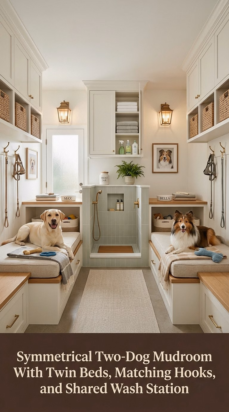 Symmetrical Two-Dog Mudroom With Twin Beds, Matching Hooks, and Shared Wash Station