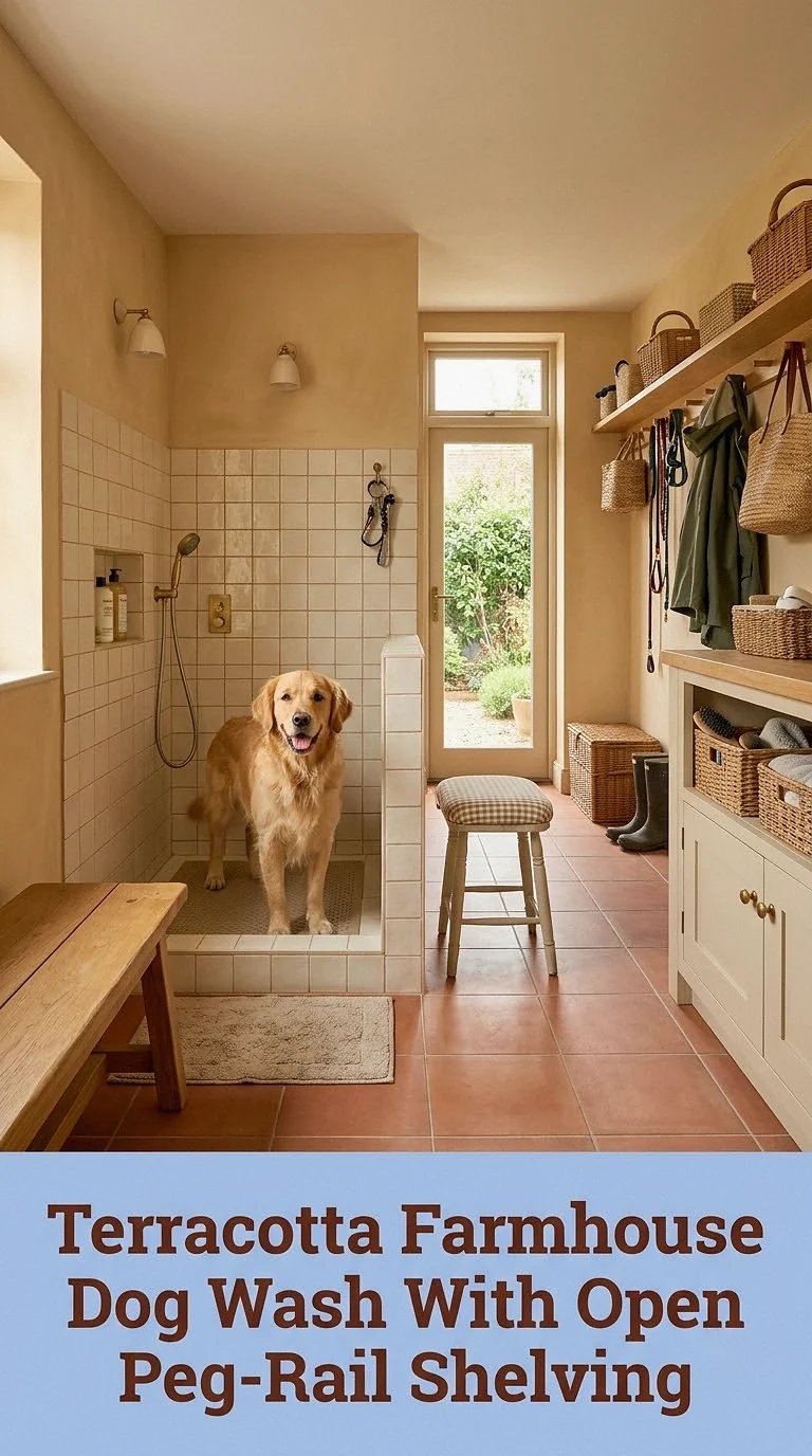 Terracotta Farmhouse Dog Wash With Open Peg-Rail Shelving