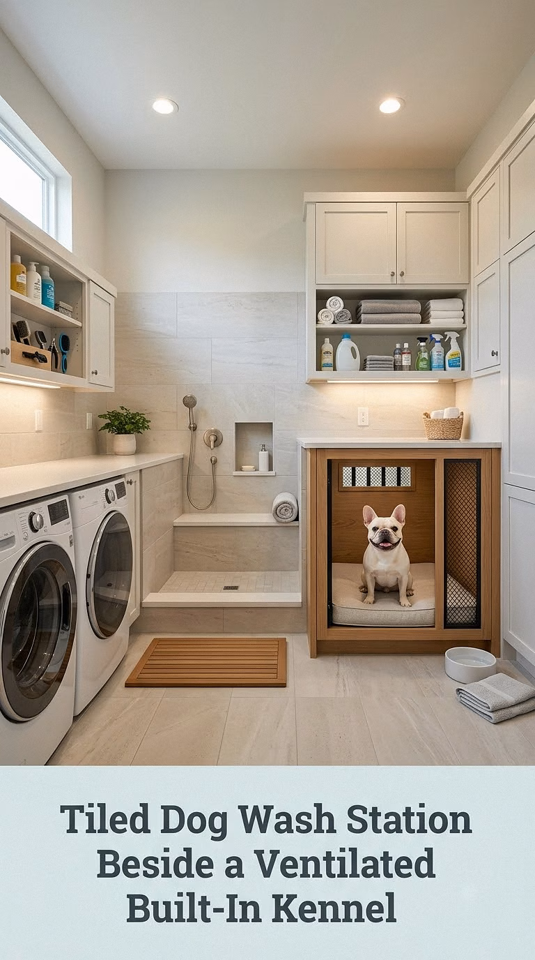 Tiled Dog Wash Station Beside a Ventilated Built-In Kennel