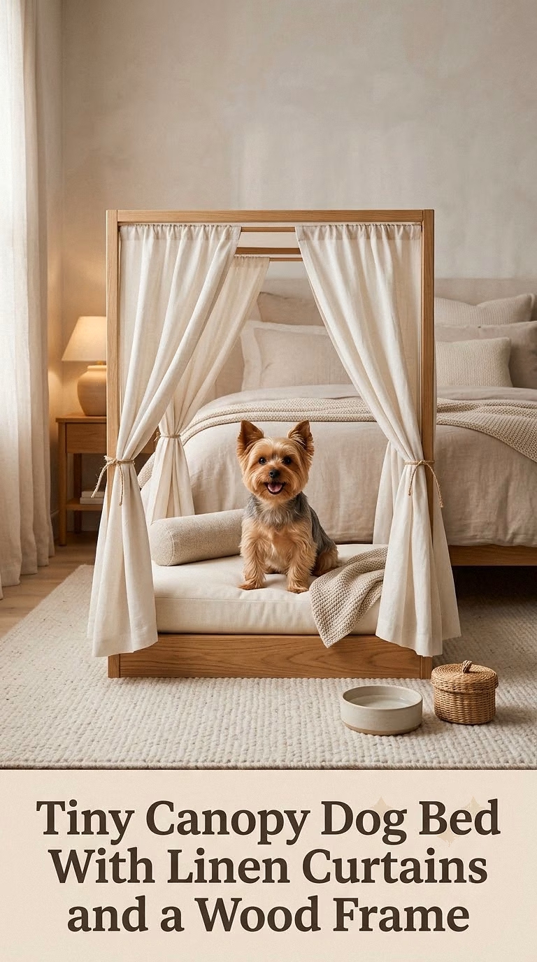 Tiny Canopy Dog Bed With Linen Curtains and a Wood Frame