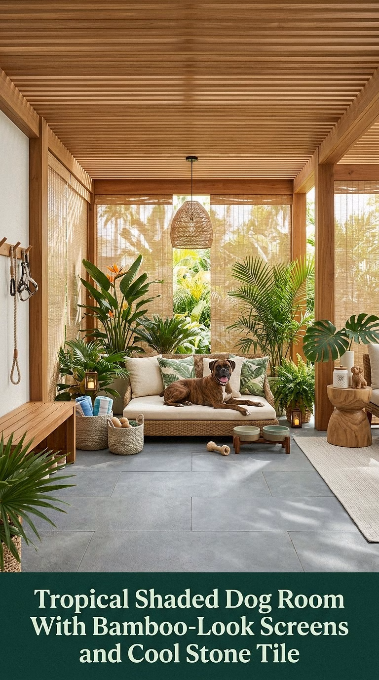 10. Tropical Shaded Dog Room With Bamboo-Look Screens and Cool Stone Tile