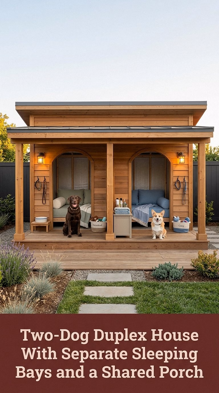 Two-Dog Duplex House With Separate Sleeping Bays and a Shared Porch