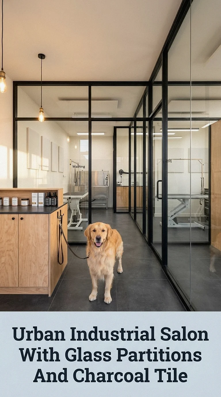 Urban Industrial Salon With Glass Partitions And Charcoal Tile