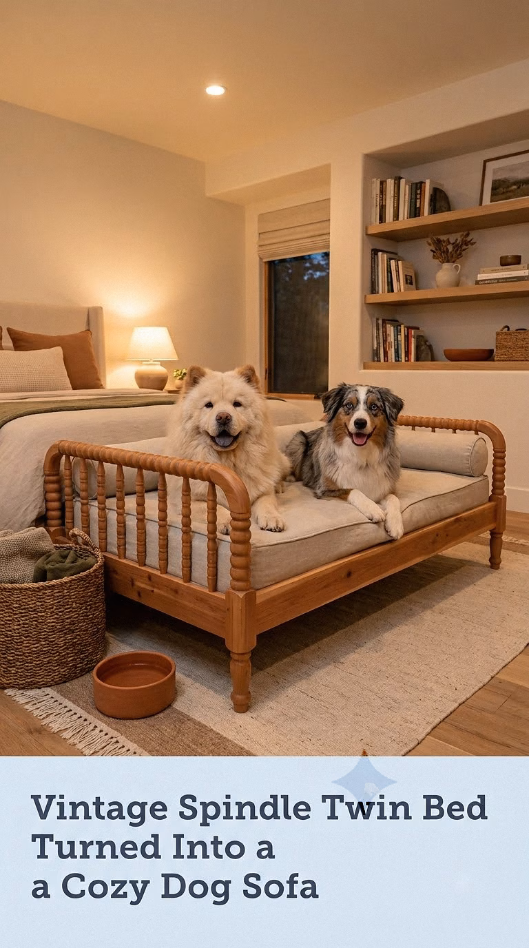 Vintage Spindle Twin Bed Turned Into a Cozy Dog Sofa