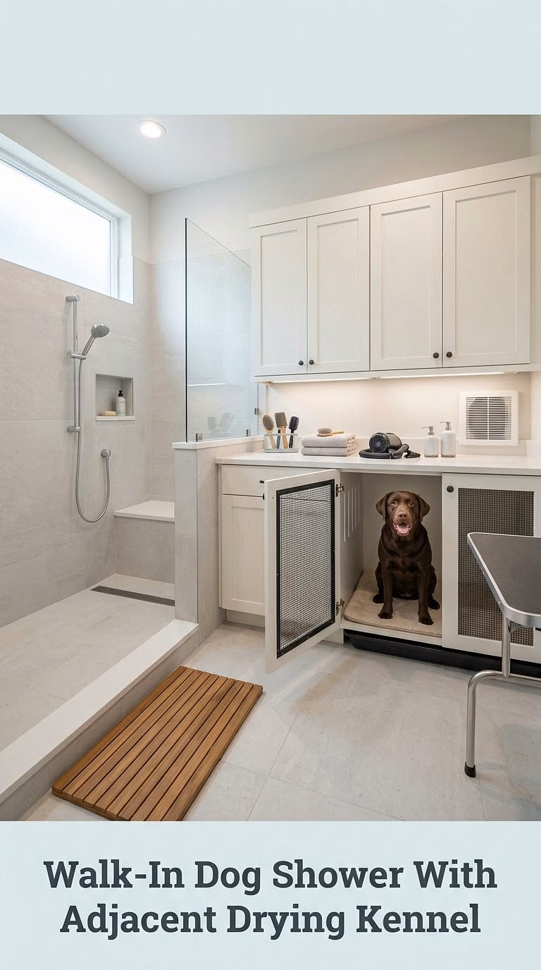 Walk-In Dog Shower With Adjacent Drying Kennel