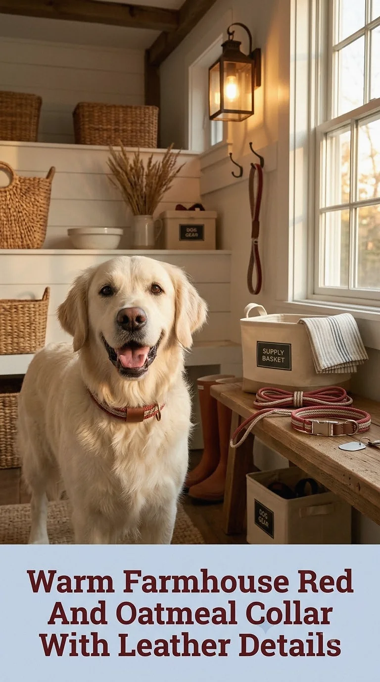 Warm Farmhouse Red And Oatmeal Collar With Leather Details