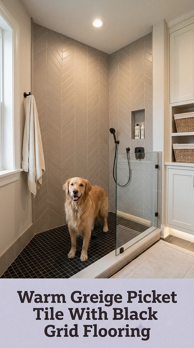 Warm Greige Picket Tile With Black Grid Flooring