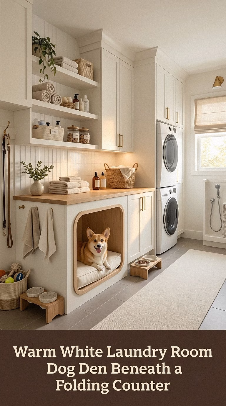10. Warm White Laundry Room Dog Den Beneath a Folding Counter
