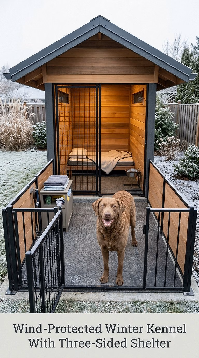 Wind-Protected Winter Kennel With Three-Sided Shelter