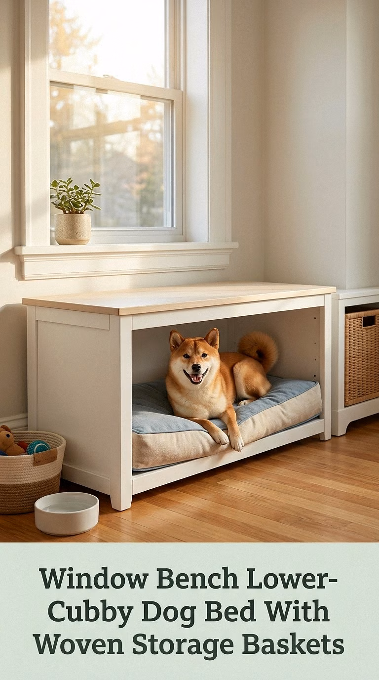 Window Bench Lower-Cubby Dog Bed With Woven Storage Baskets