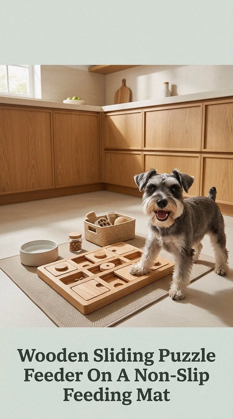 Wooden Sliding Puzzle Feeder On A Non-Slip Feeding Mat