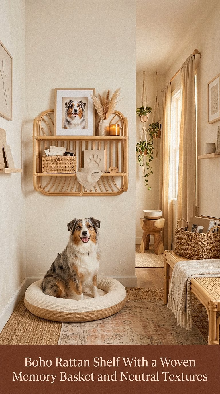 11. Boho Rattan Shelf With a Woven Memory Basket and Neutral Textures