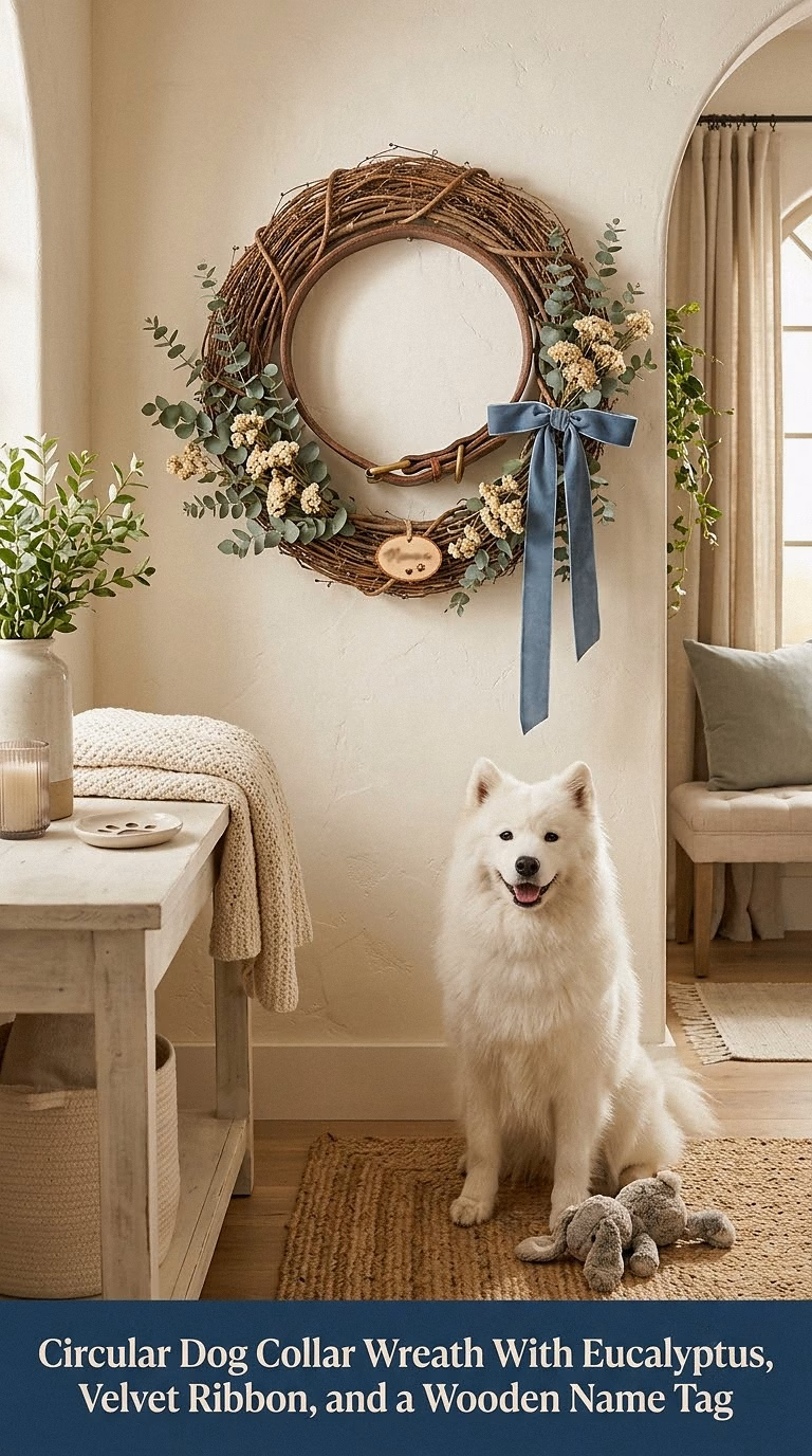 11. Circular Dog Collar Wreath With Eucalyptus, Velvet Ribbon, and a Wooden Name Tag