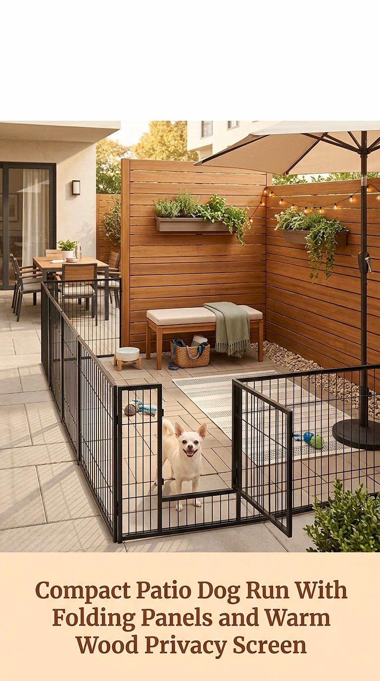 11. Compact Patio Dog Run With Folding Panels and Warm Wood Privacy Screen