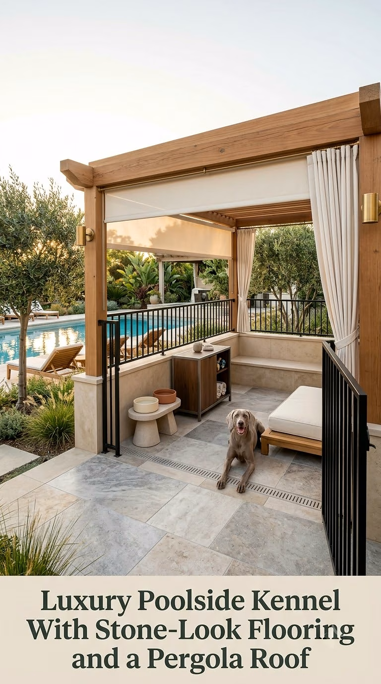 11. Luxury Poolside Kennel With Stone-Look Flooring and a Pergola Roof