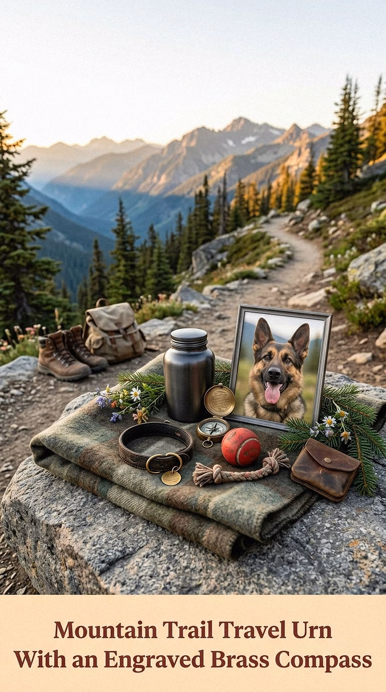 11. Mountain Trail Travel Urn With an Engraved Brass Compass