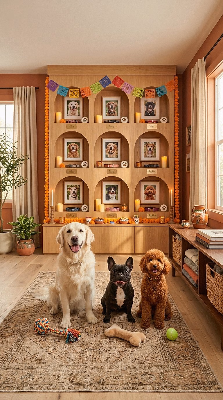 11. Multi-Dog Family Ofrenda With Individual Portrait Niches and Name Plaques